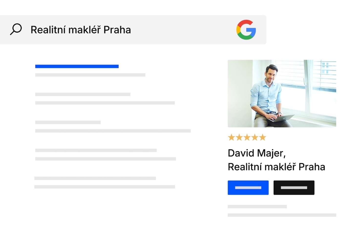 Mockup výsledků vyhledávání Google s profilem makléře